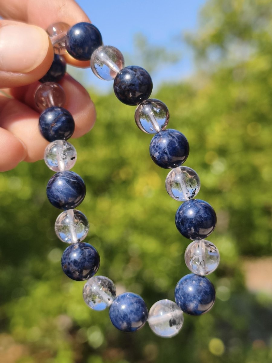 Herkimer Diamant + Saphir AAA *Rarität* - Edelstein Armband Stretch schwarz Perlen Glück Mann Frau Er Sie Geschenk Freund Energie blau klar - Art of Nature Berlin