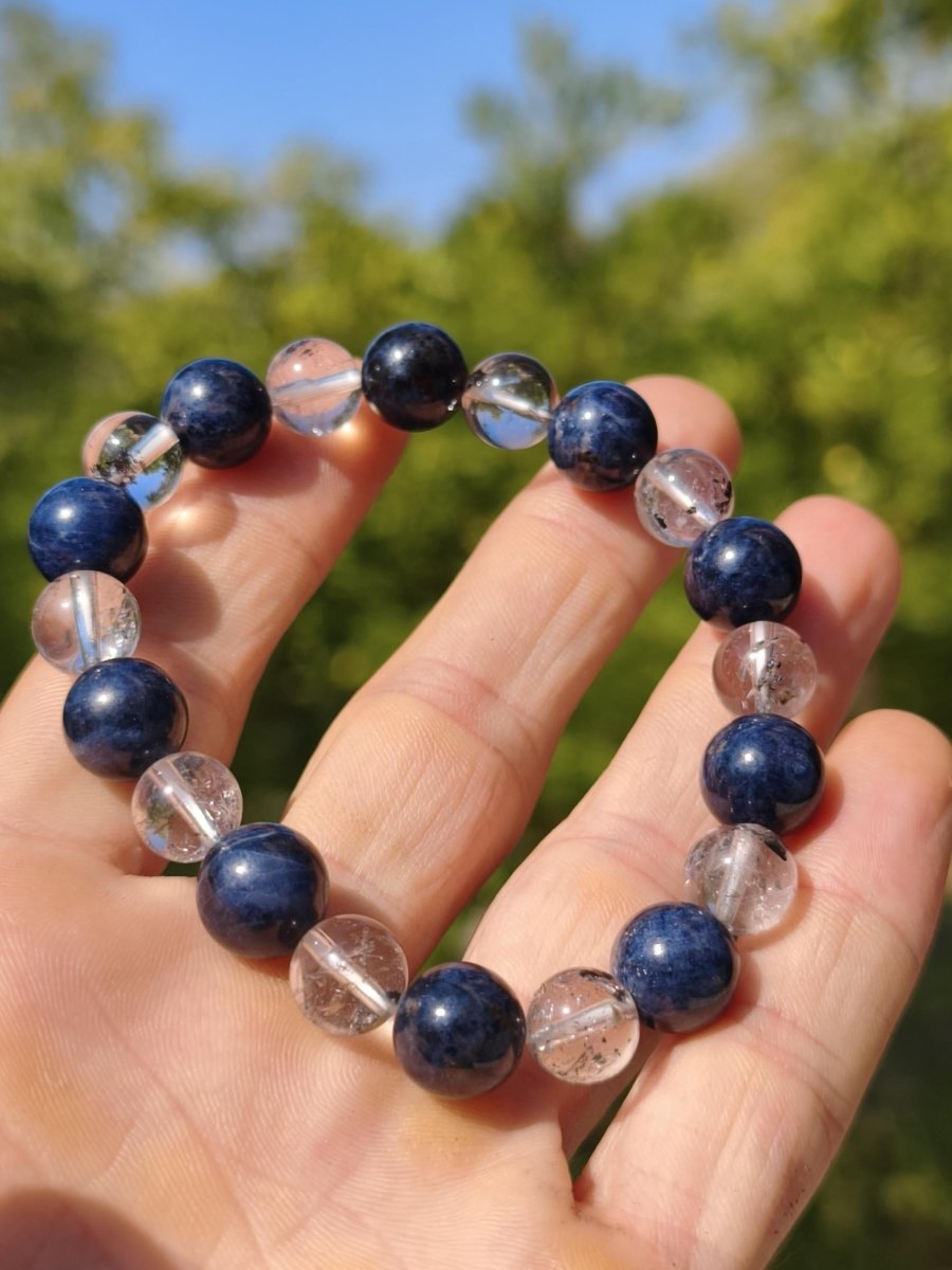 Herkimer Diamant + Saphir AAA *Rarität* - Edelstein Armband Stretch schwarz Perlen Glück Mann Frau Er Sie Geschenk Freund Energie blau klar - Art of Nature Berlin