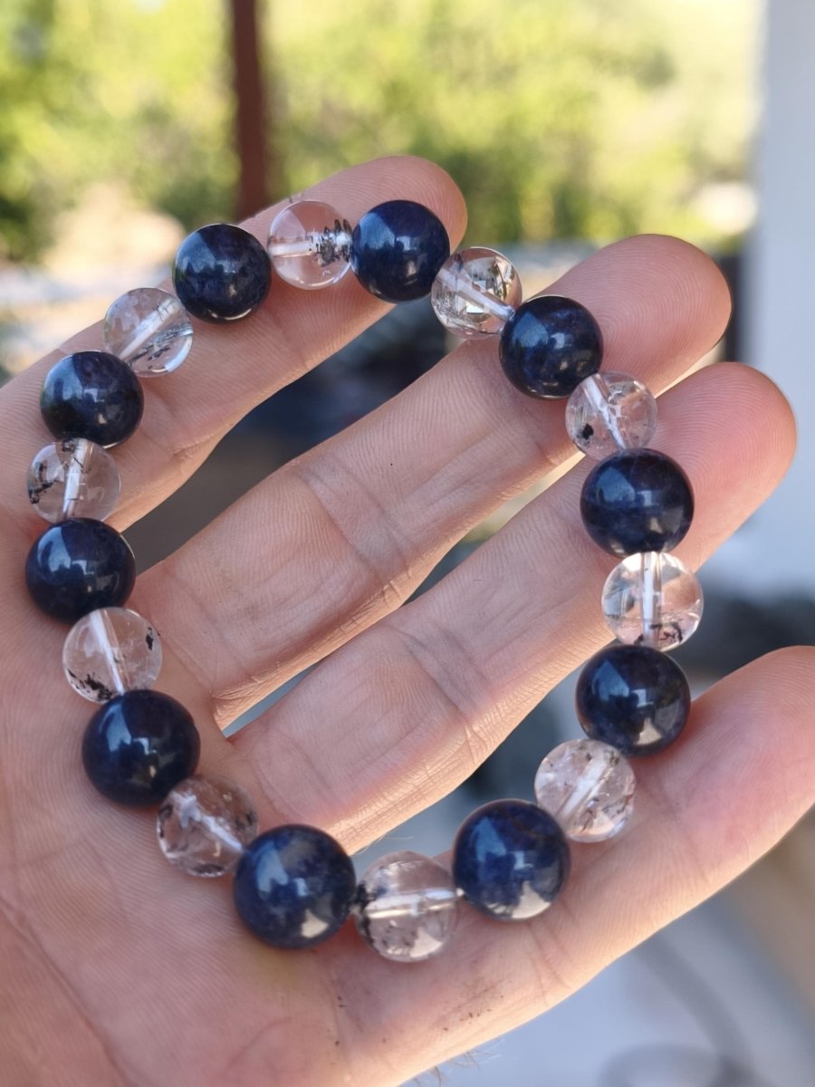 Herkimer Diamant + Saphir AAA *Rarität* - Edelstein Armband Stretch schwarz Perlen Glück Mann Frau Er Sie Geschenk Freund Energie blau klar - Art of Nature Berlin