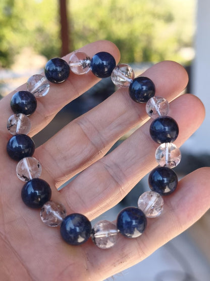 Herkimer Diamant + Saphir AAA *Rarität* - Edelstein Armband Stretch schwarz Perlen Glück Mann Frau Er Sie Geschenk Freund Energie blau klar - Art of Nature Berlin