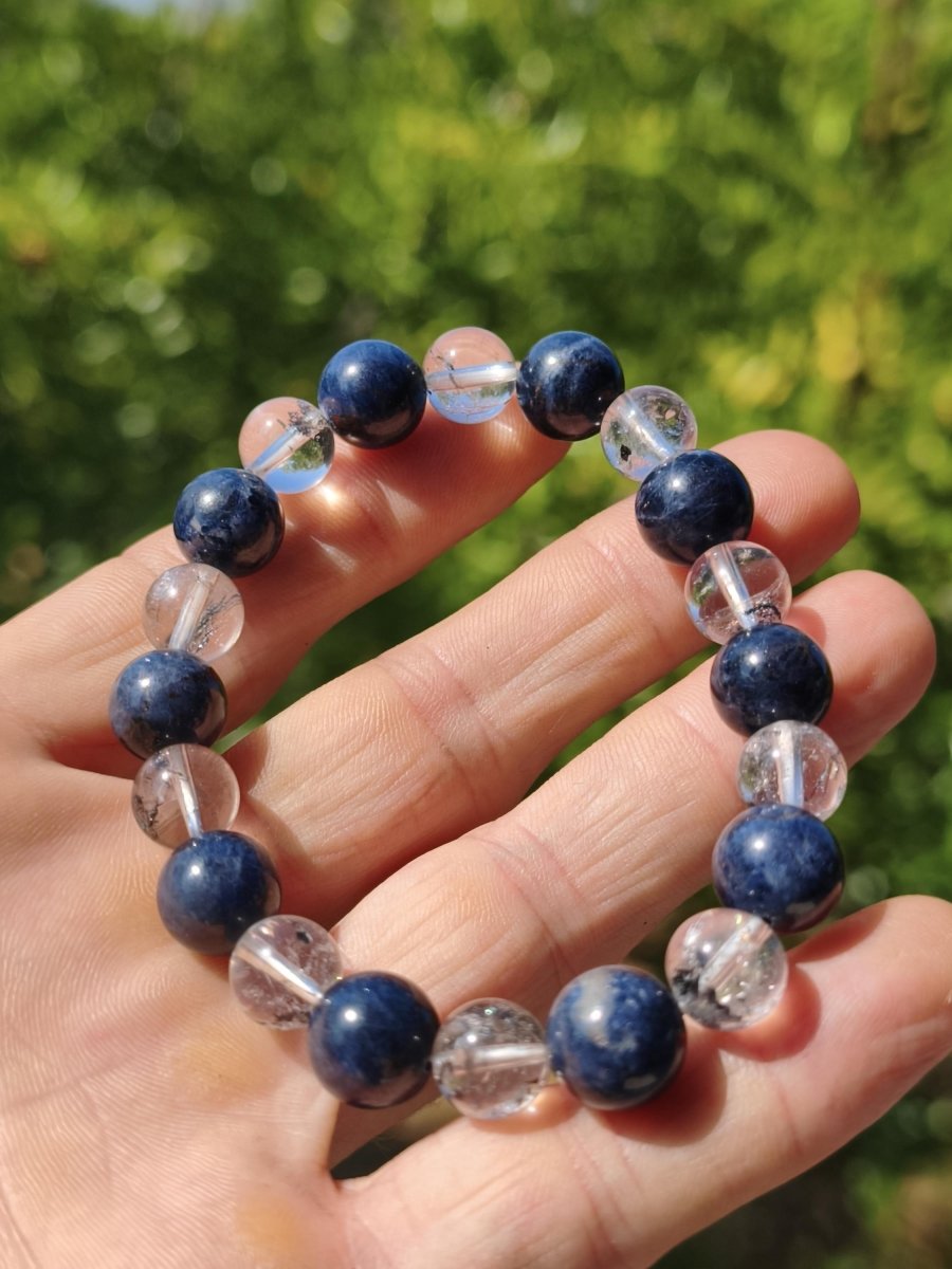 Herkimer Diamant + Saphir AAA *Rarität* - Edelstein Armband Stretch schwarz Perlen Glück Mann Frau Er Sie Geschenk Freund Energie blau klar - Art of Nature Berlin