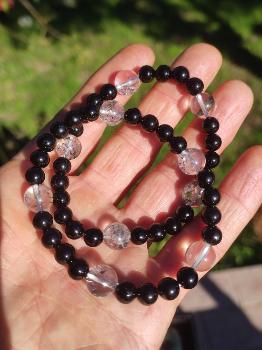 Herkimer Diamant + Turmalin (Schorl) AAA *Rarität* - Edelstein Armband Stretch schwarz Perlen Glück Mann Frau Er Sie Geschenk Freund Energie - Art of Nature Berlin