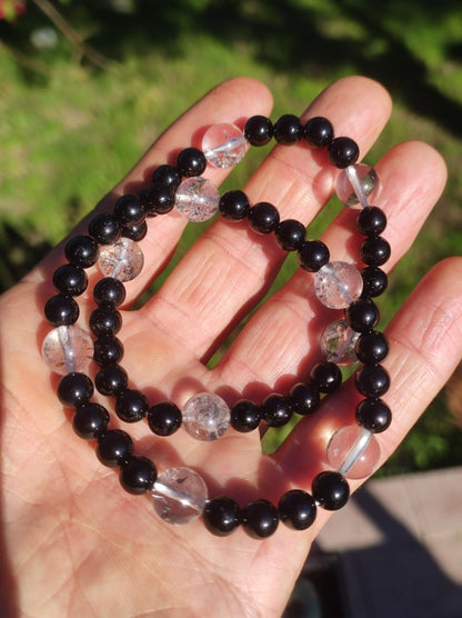 Herkimer Diamant + Turmalin (Schorl) AAA *Rarität* - Edelstein Armband Stretch schwarz Perlen Glück Mann Frau Er Sie Geschenk Freund Energie - Art of Nature Berlin