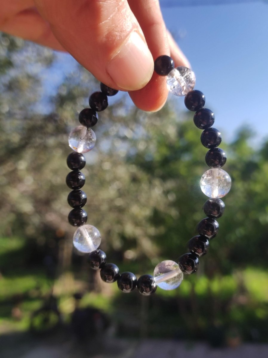 Herkimer Diamant + Turmalin (Schorl) AAA *Rarität* - Edelstein Armband Stretch schwarz Perlen Glück Mann Frau Er Sie Geschenk Freund Energie - Art of Nature Berlin