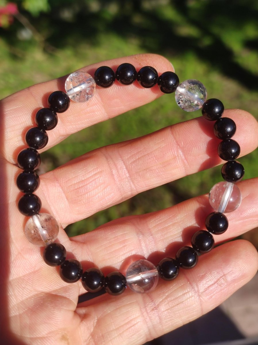 Herkimer Diamant + Turmalin (Schorl) AAA *Rarität* - Edelstein Armband Stretch schwarz Perlen Glück Mann Frau Er Sie Geschenk Freund Energie - Art of Nature Berlin