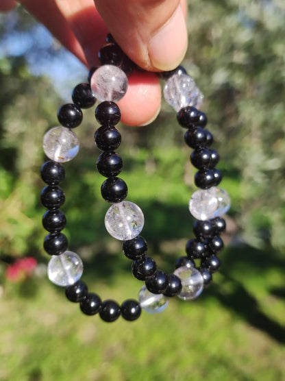 Herkimer Diamant + Turmalin (Schorl) AAA *Rarität* - Edelstein Armband Stretch schwarz Perlen Glück Mann Frau Er Sie Geschenk Freund Energie - Art of Nature Berlin