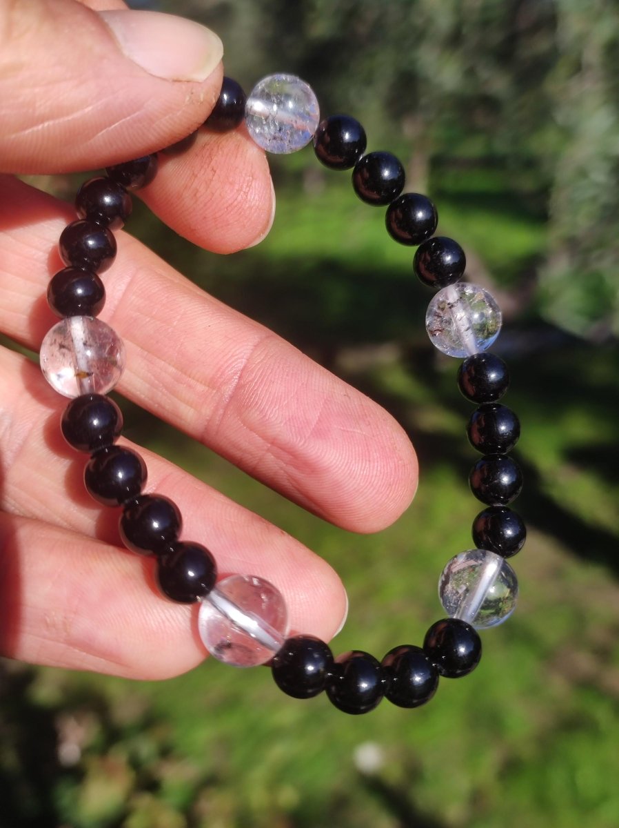 Herkimer Diamant + Turmalin (Schorl) AAA *Rarität* - Edelstein Armband Stretch schwarz Perlen Glück Mann Frau Er Sie Geschenk Freund Energie - Art of Nature Berlin