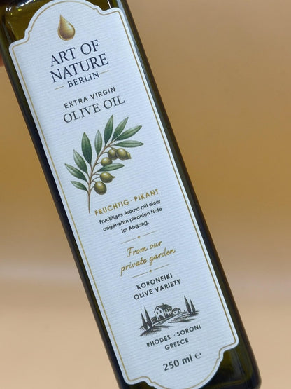 Hochwertiges Olivenöl Extra Nativ 250 ml – Koroneiki aus eigenem Garten auf Rhodos, Griechenland – Fruchtig & Pikant - Art of Nature Berlin