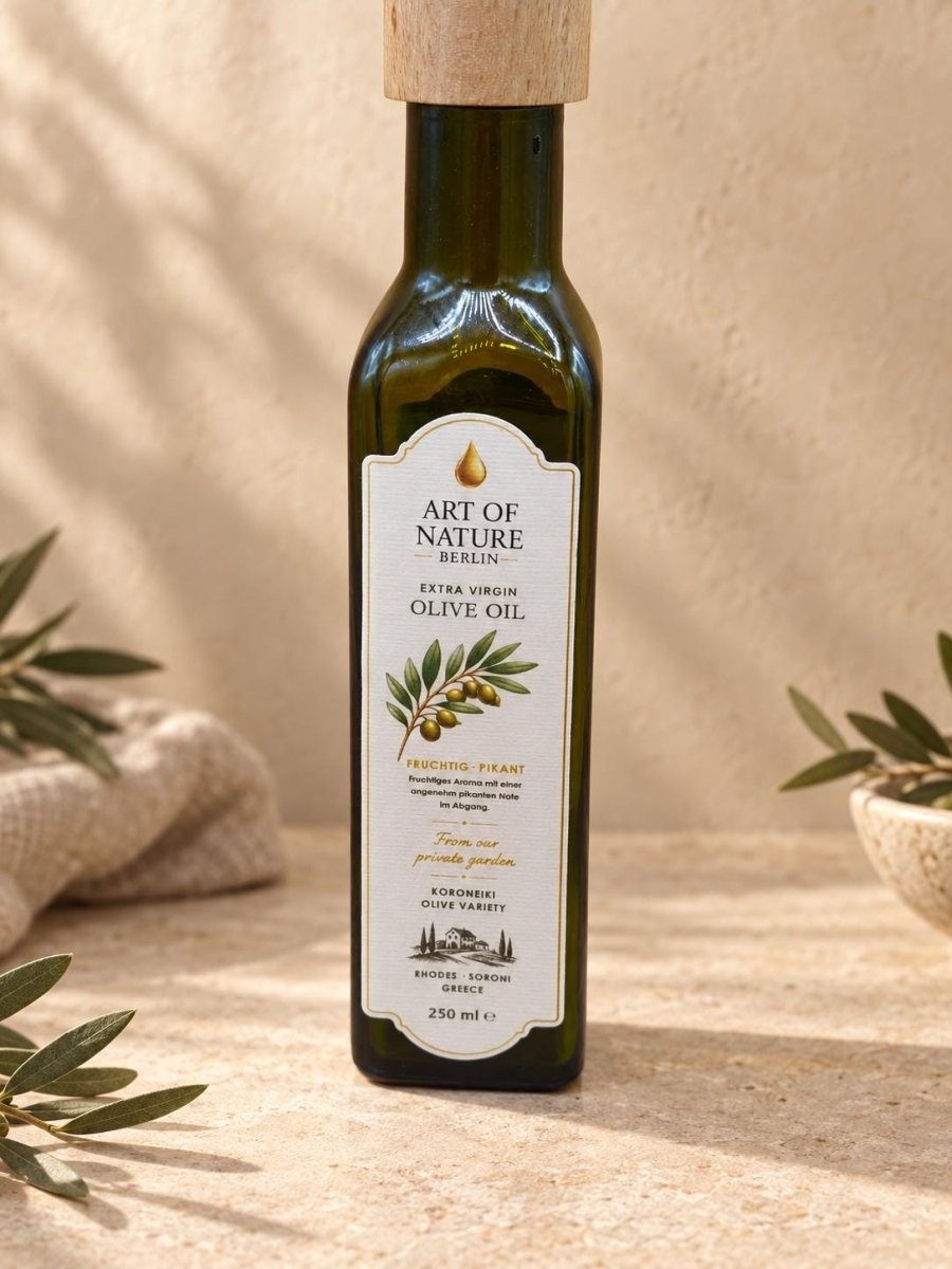 Hochwertiges Olivenöl Extra Nativ 250 ml – Koroneiki aus eigenem Garten auf Rhodos, Griechenland – Fruchtig & Pikant - Art of Nature Berlin