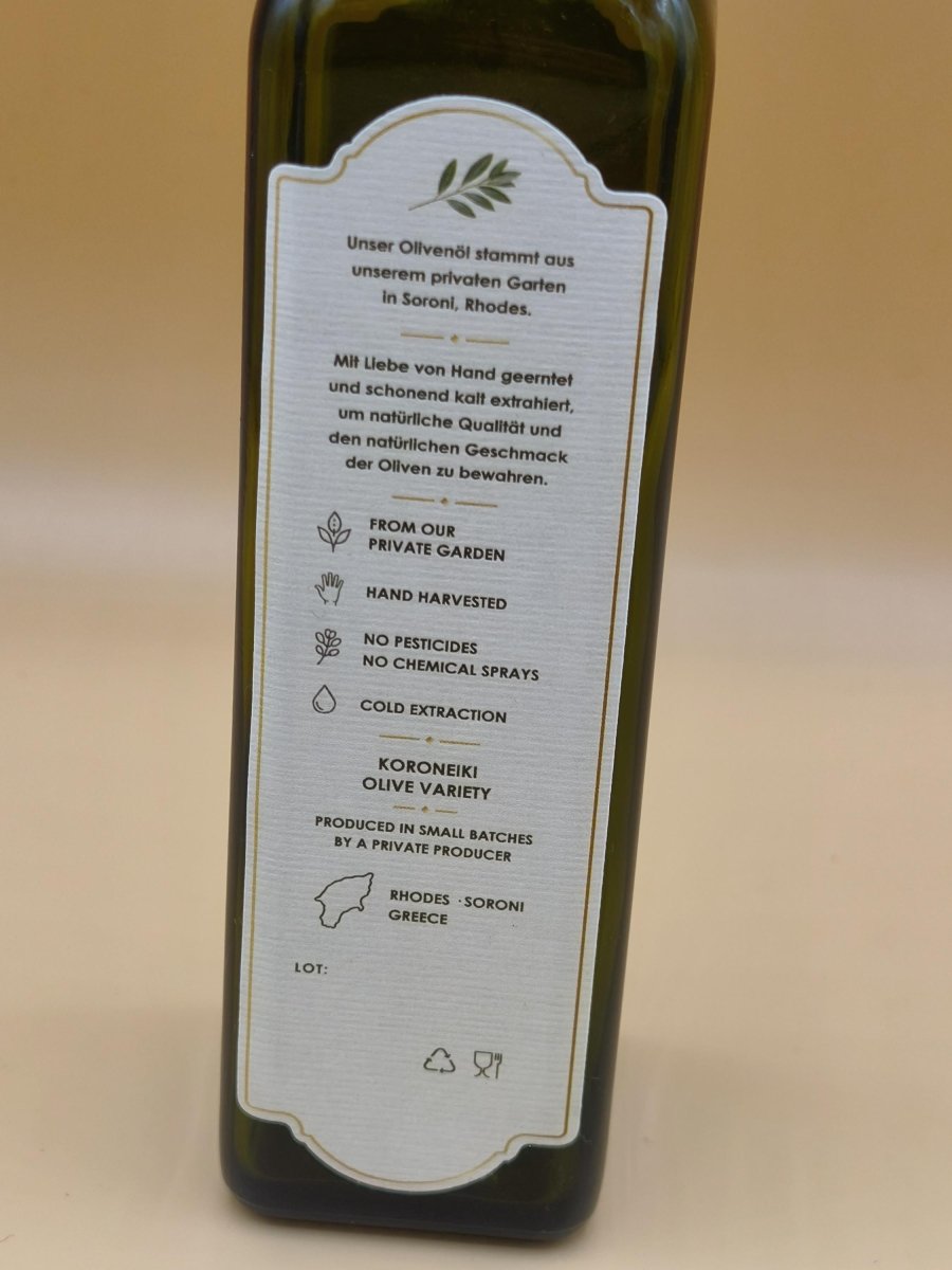 Hochwertiges Olivenöl Extra Nativ 250 ml – Koroneiki aus eigenem Garten auf Rhodos, Griechenland – Fruchtig & Pikant - Art of Nature Berlin
