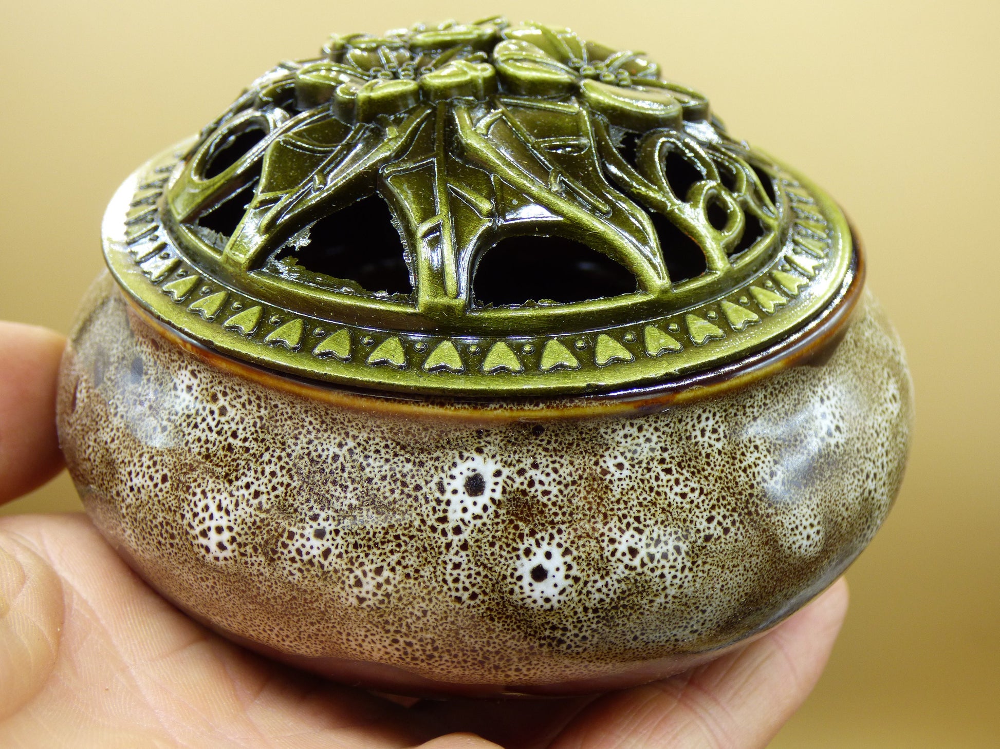 Keramik Weihrauchbrenner Räuchergefäß Grün & Bronze Räucherwerk Kräuter Orient Schale schön Schüssel Geschenk Holzbox Aufbewahrung Schmuck