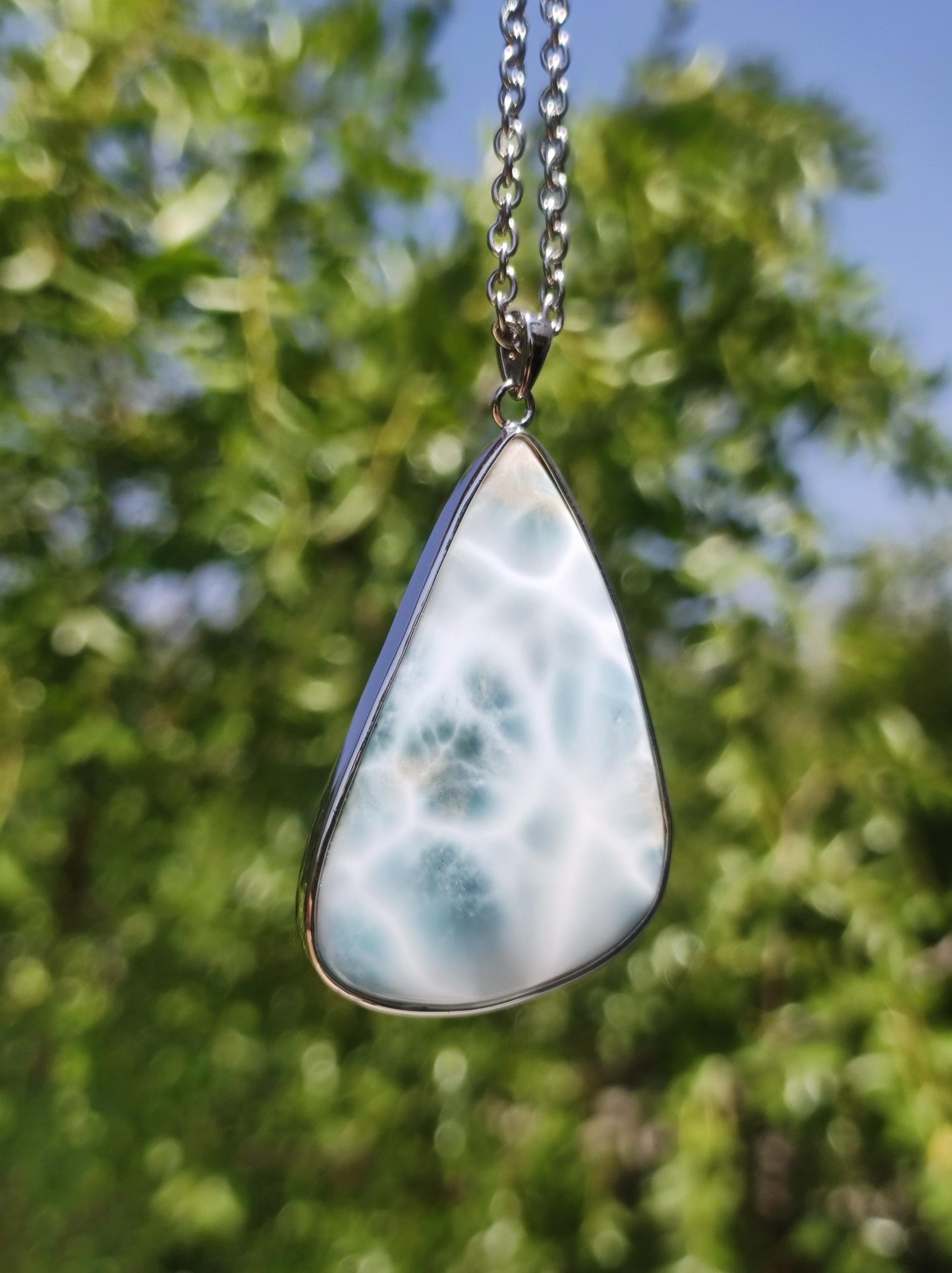 Larimar AAA "Atlantis Stone" Edelstein Kette 925 Sterling Silber Frau Schmuck Edel Natur Heilstein Hippie Rarität Meer Himmel blau Geschenk