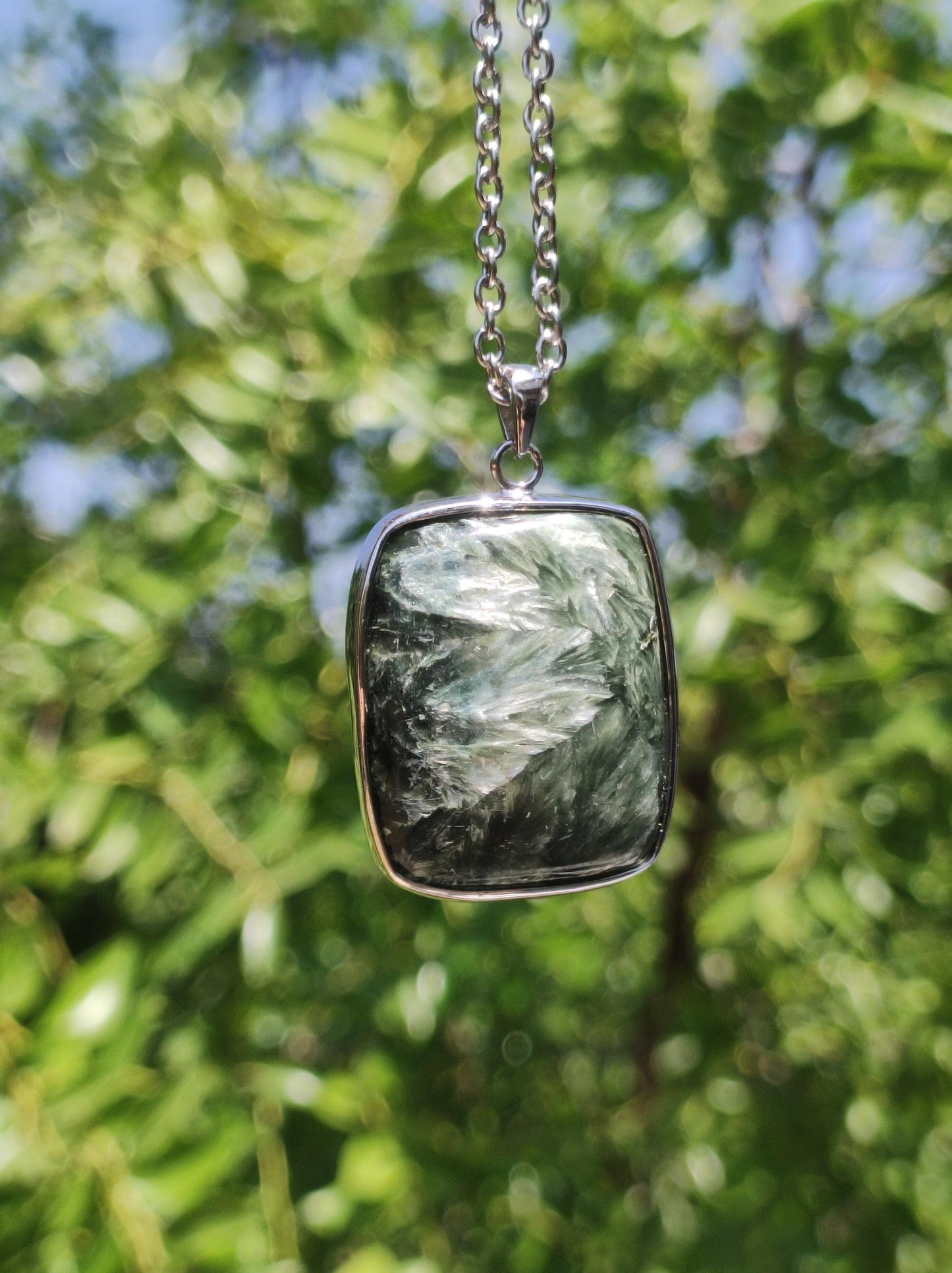 Seraphinite / Serafinite / Clinochlore 925 Sterling Silver Gemstone Necklace Green Natural Healing Stone Rarity Crystal Man Woman He She Gift