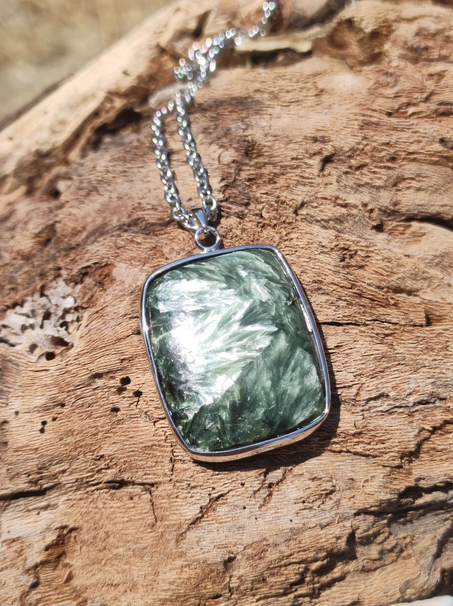 Seraphinite / Serafinite / Clinochlore 925 Sterling Silver Gemstone Necklace Green Natural Healing Stone Rarity Crystal Man Woman He She Gift