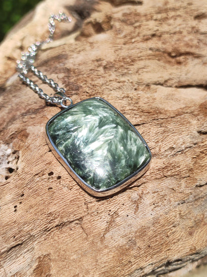 Seraphinite / Serafinite / Clinochlore 925 Sterling Silver Gemstone Necklace Green Natural Healing Stone Rarity Crystal Man Woman He She Gift