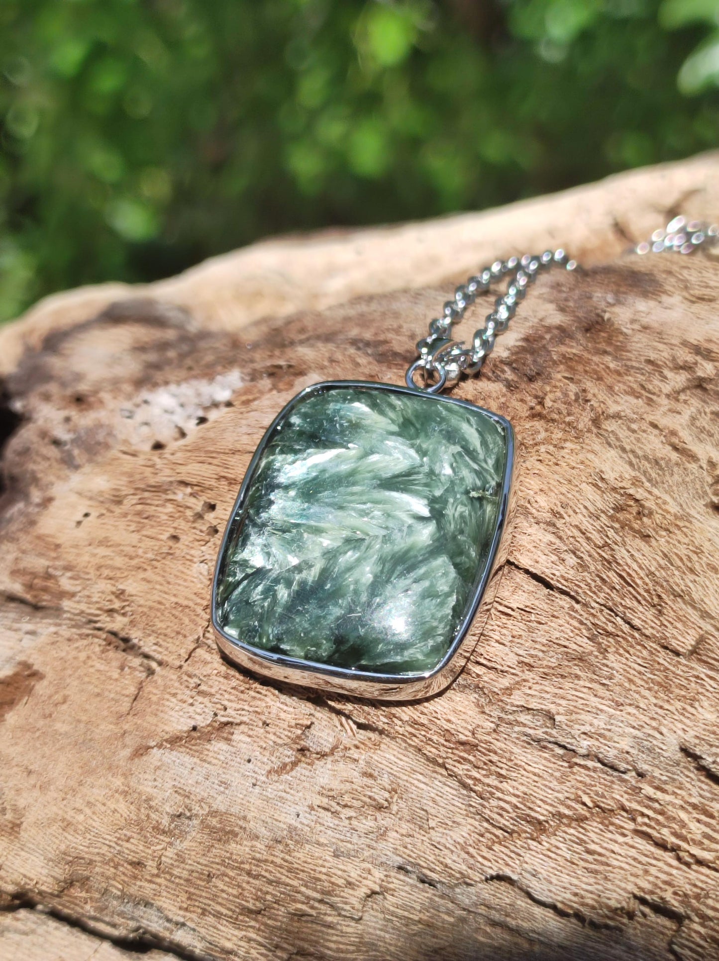 Seraphinite / Serafinite / Clinochlore 925 Sterling Silver Gemstone Necklace Green Natural Healing Stone Rarity Crystal Man Woman He She Gift