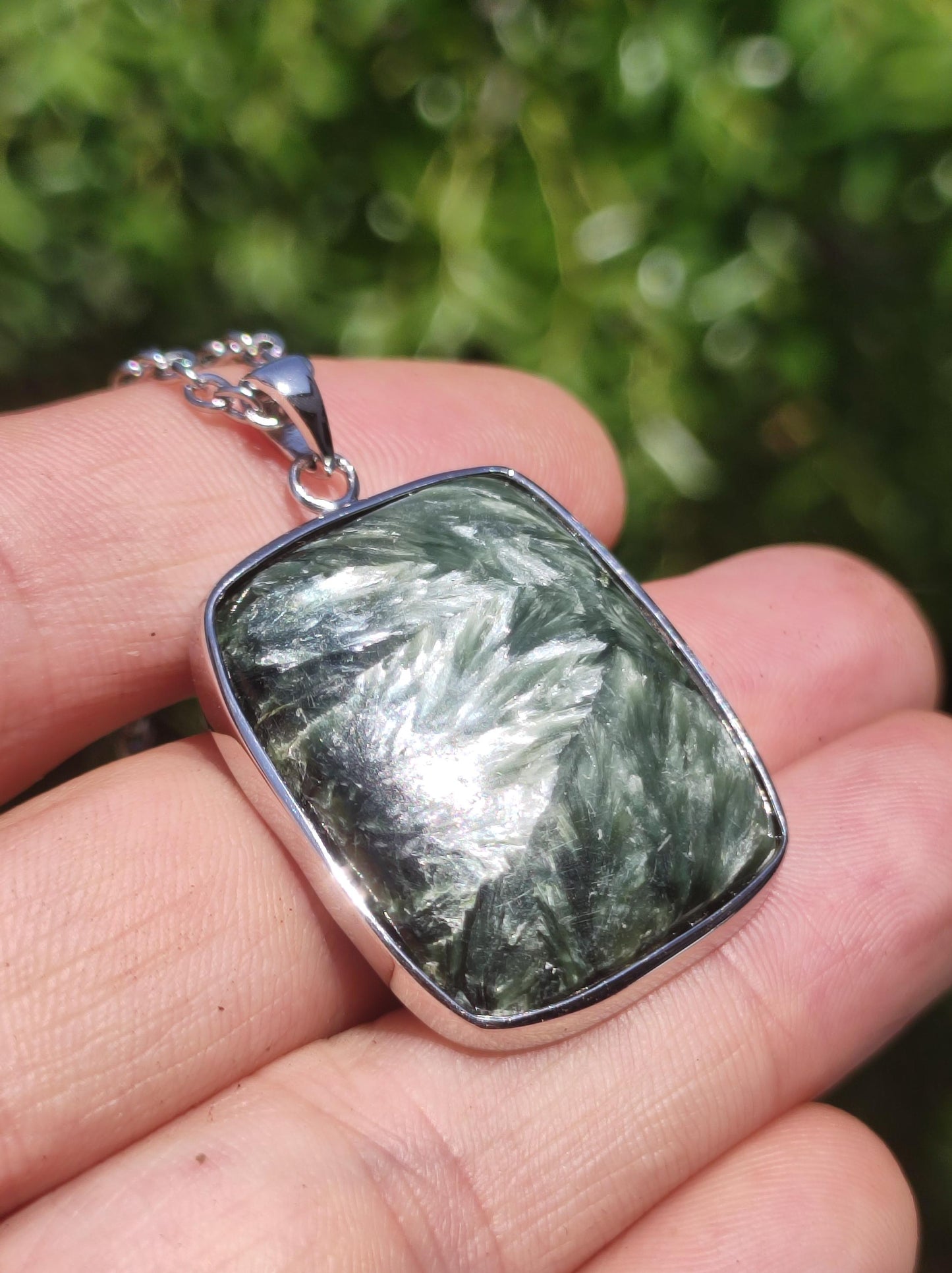 Seraphinite / Serafinite / Clinochlore 925 Sterling Silver Gemstone Necklace Green Natural Healing Stone Rarity Crystal Man Woman He She Gift