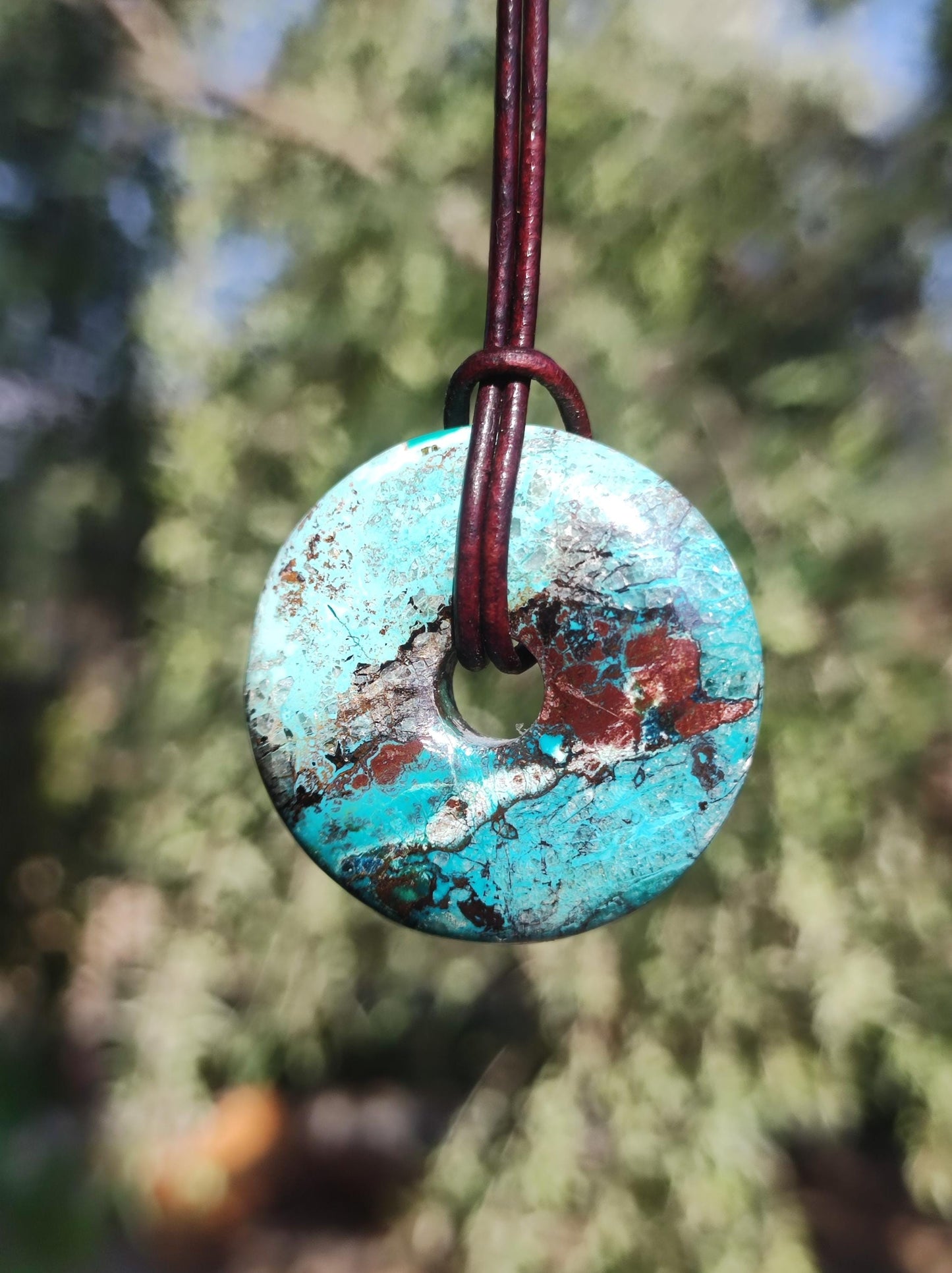 Shattuckite - Chrysocolla Donut Collier de pierres précieuses Pierre de guérison Symbole de protection Homme Femme Bonheur HIPPIE GOA Boho Tibet Ethnique Naturel Rareté Cadeau