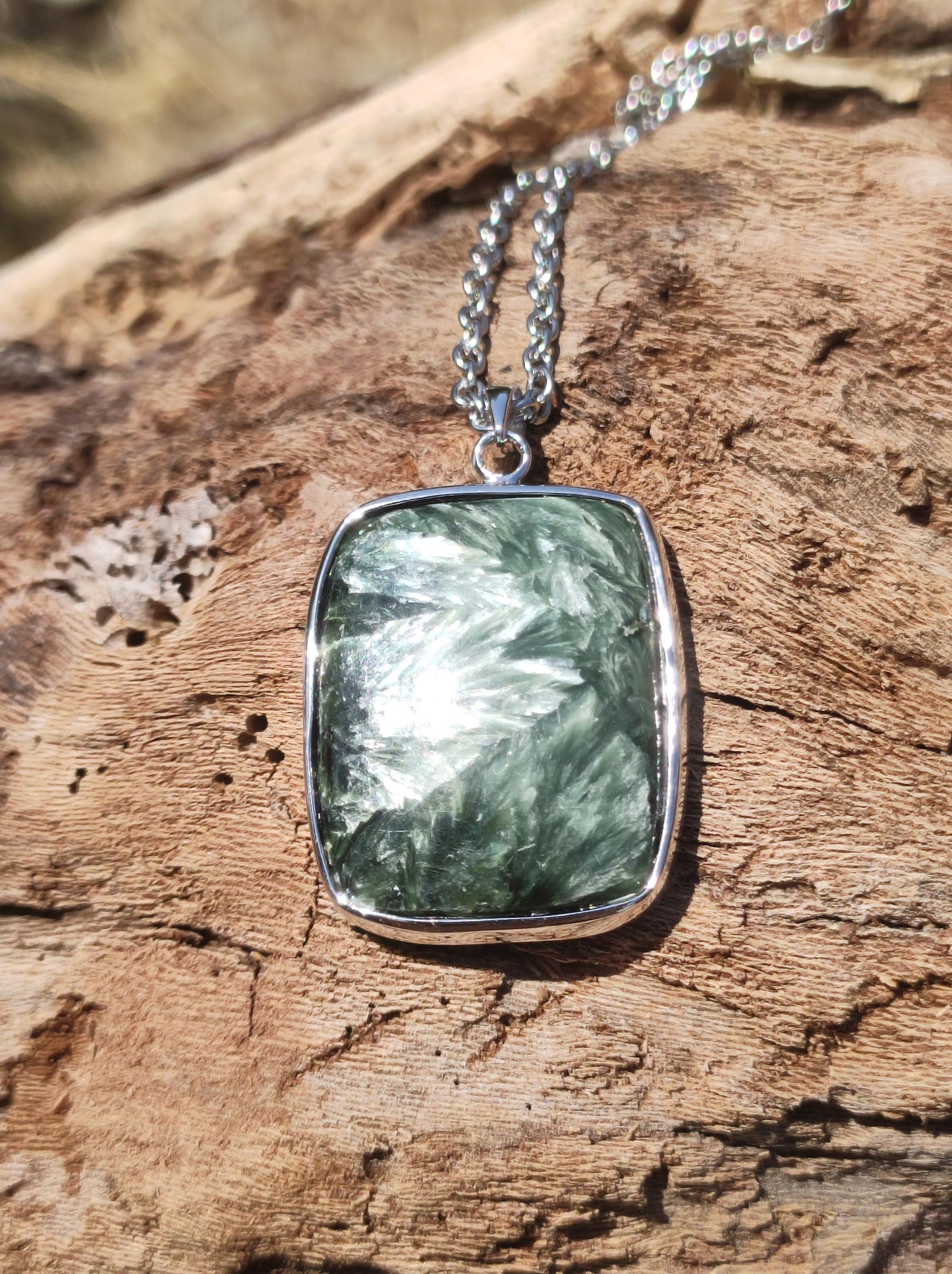 Seraphinite / Serafinite / Clinochlore 925 Sterling Silver Gemstone Necklace Green Natural Healing Stone Rarity Crystal Man Woman He She Gift