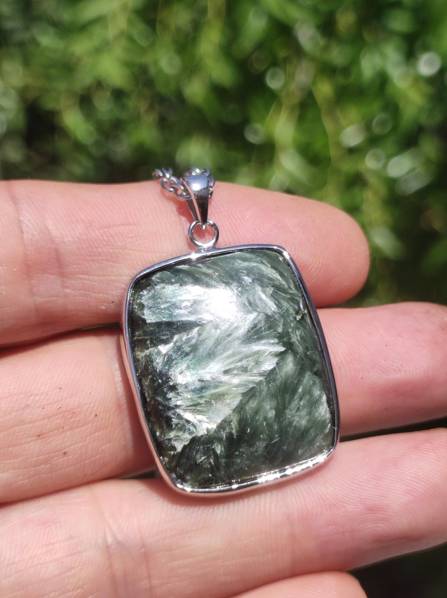 Seraphinite / Serafinite / Clinochlore 925 Sterling Silver Gemstone Necklace Green Natural Healing Stone Rarity Crystal Man Woman He She Gift