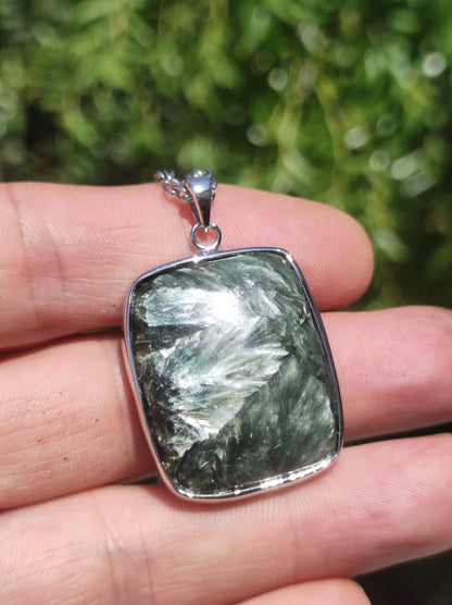 Seraphinite / Serafinite / Clinochlore 925 Sterling Silver Gemstone Necklace Green Natural Healing Stone Rarity Crystal Man Woman He She Gift