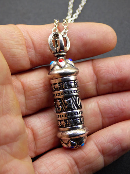 Tibétain Sanscrit Pendentif Chaîne En Acier Inoxydable Argent Boîte Bouddhisme Prière Mantra Médaillon Goa Hippie Vintage Psy Talisman Méditation Om Mani