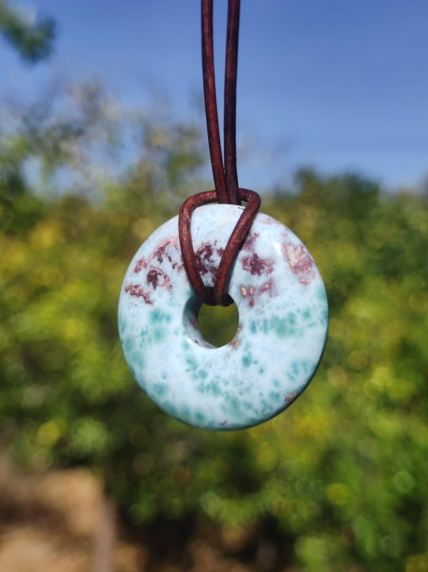 Larimar "Atlantis Stone Schutz Donut Edelstein Kette blau Heilstein Rarität Natur Edel Frau Geschenk Selten Sammler Energie Kraft Ruhe Glück