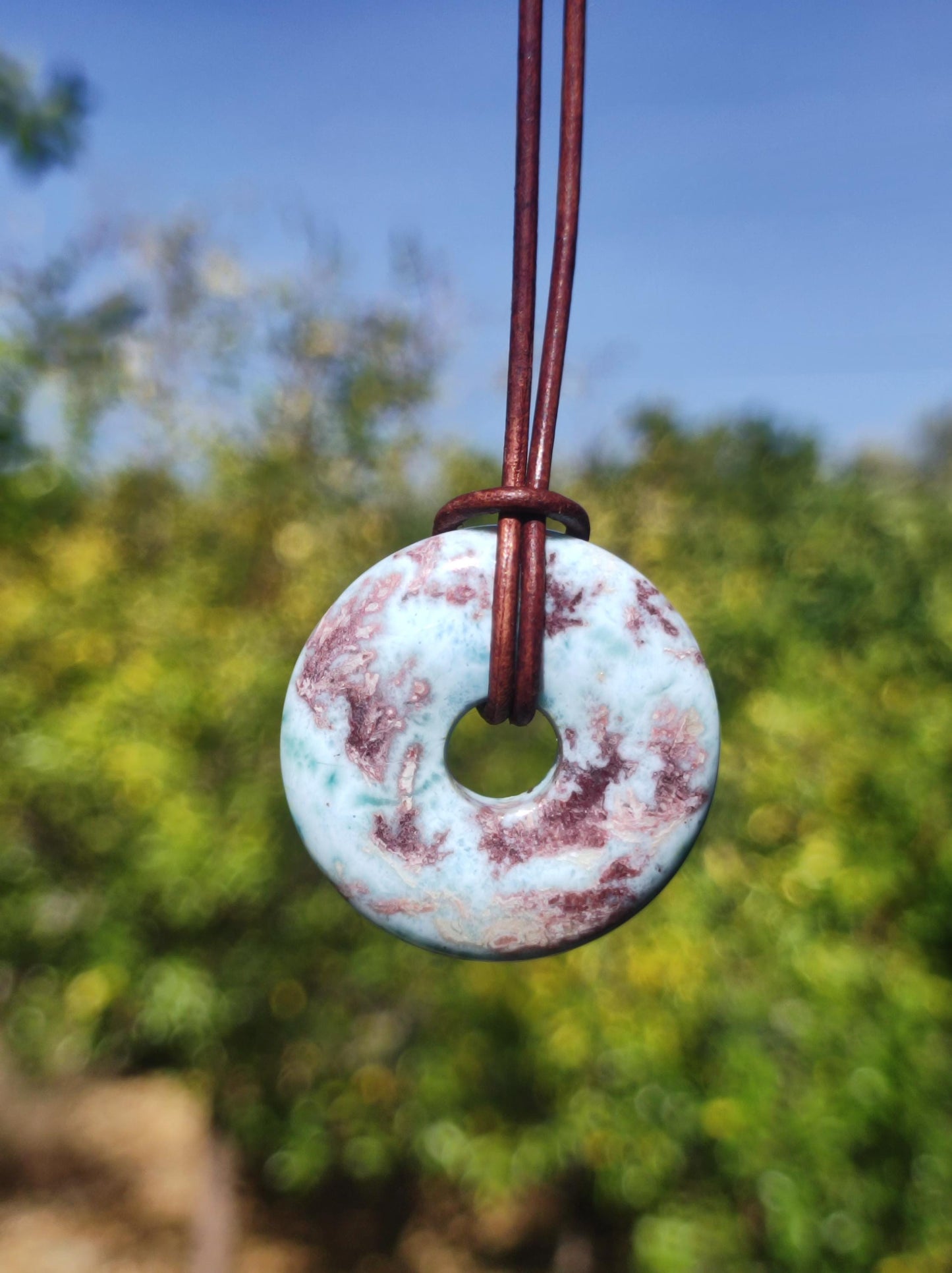 Larimar "Atlantis Stone Schutz Donut Edelstein Kette blau Heilstein Rarität Natur Edel Frau Geschenk Selten Sammler Energie Kraft Ruhe Glück