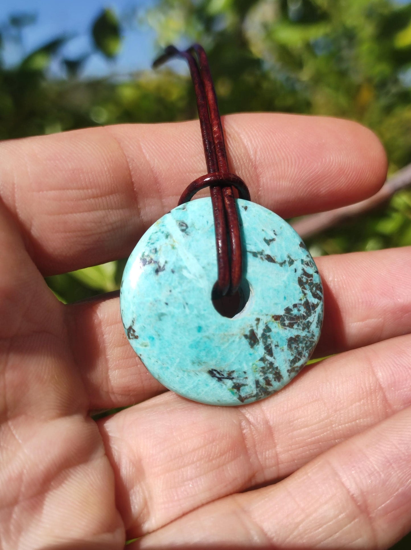 Chrysocolla Chrysocolla Donut 30mm Collier de pierres précieuses Pierre de guérison Symbole de protection Homme Femme Bonheur HIPPIE GOA Boho Tibet Ethnique Naturel Rareté Cadeau