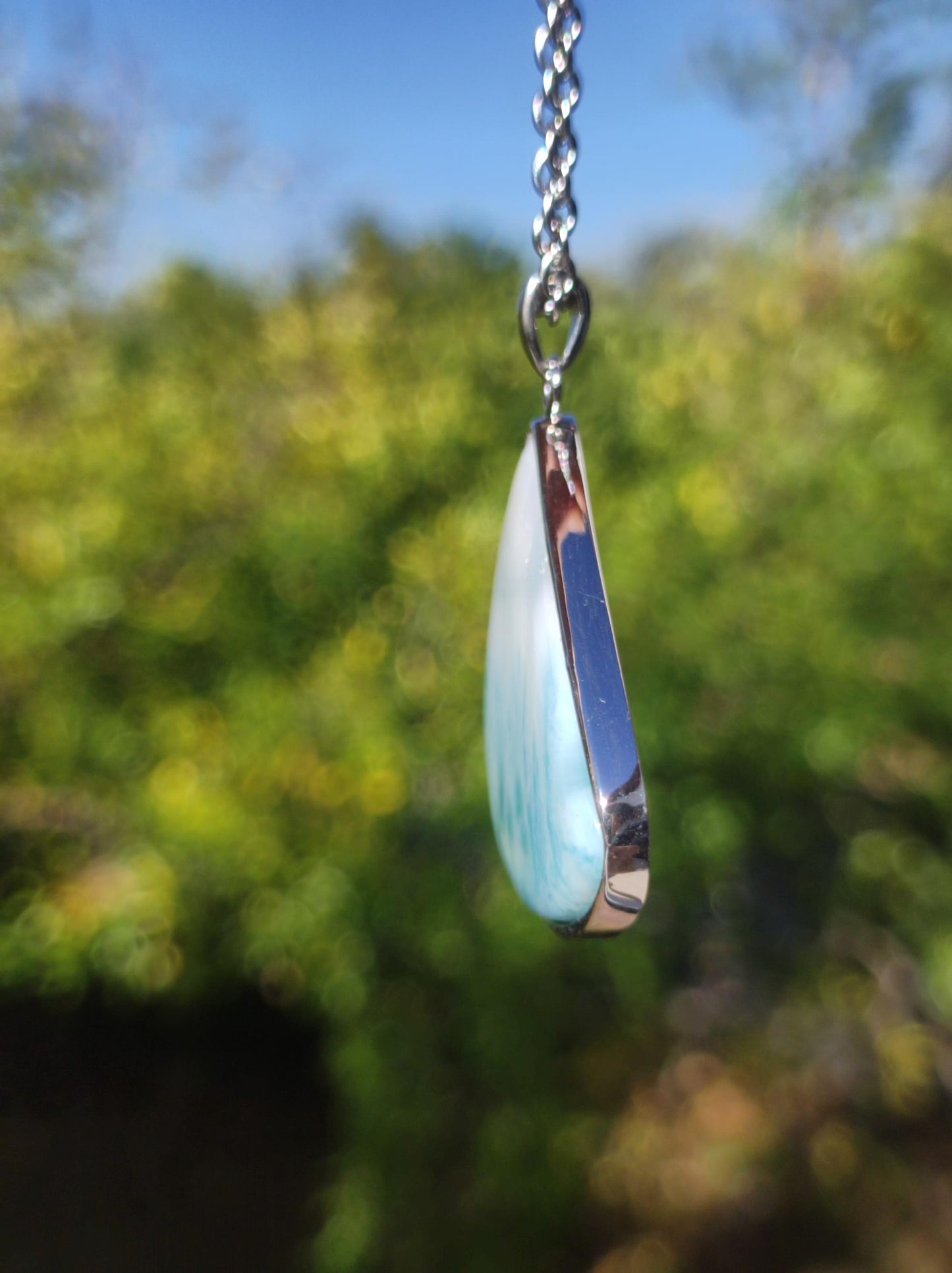 Larimar AAA "Atlantis Stone" Edelstein Kette 925 Sterling Silber Frau Schmuck Edel Natur Heilstein Hippie Rarität Meer Himmel blau Geschenk