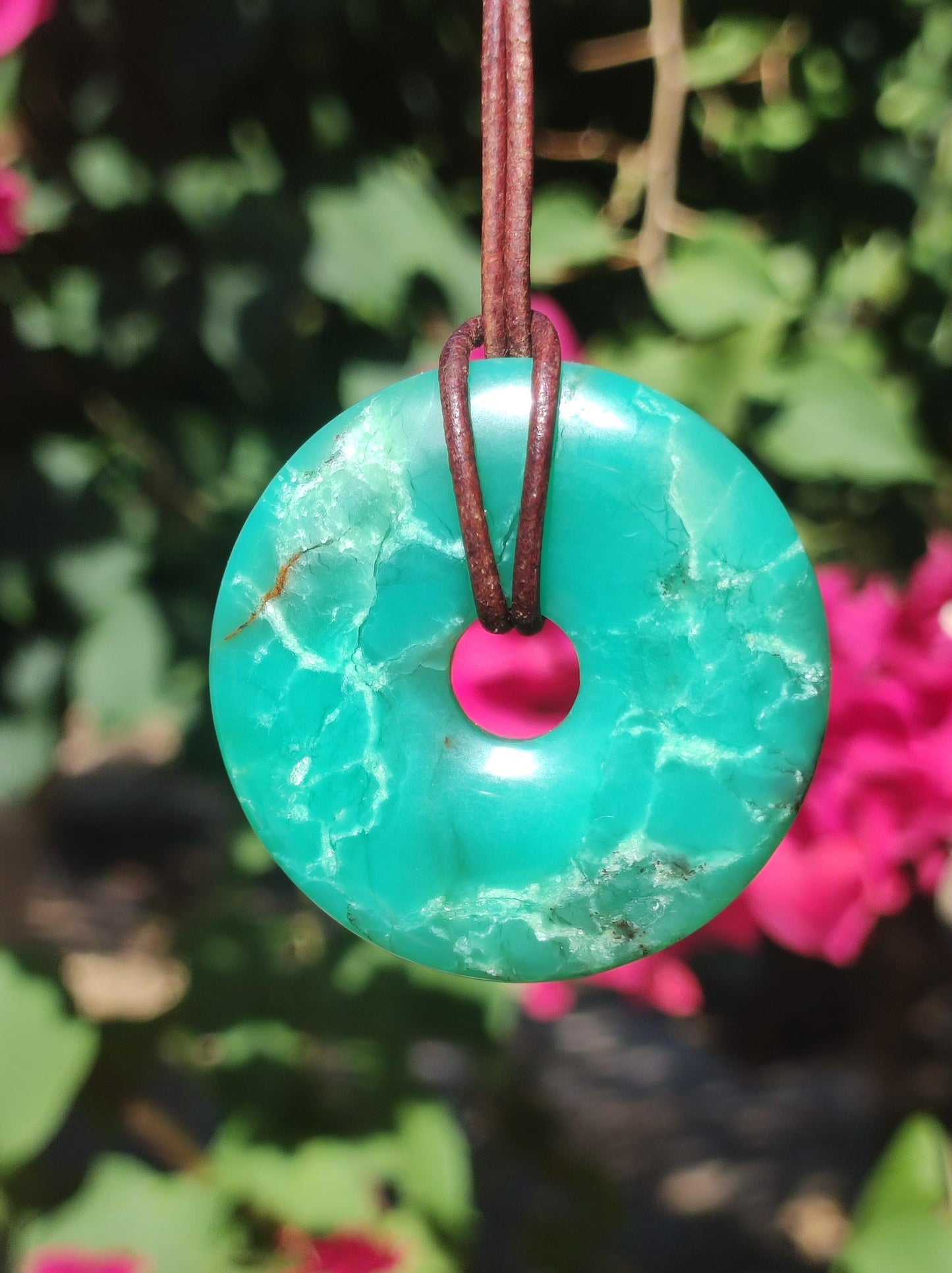 Chrysoprase Edelstein Donut Kette grün Natur GOA Boho Hippie Ethno Schutzsymbol Heilstein Sammler Unikat Mann Frau Er Sie Geschenk Anhänger