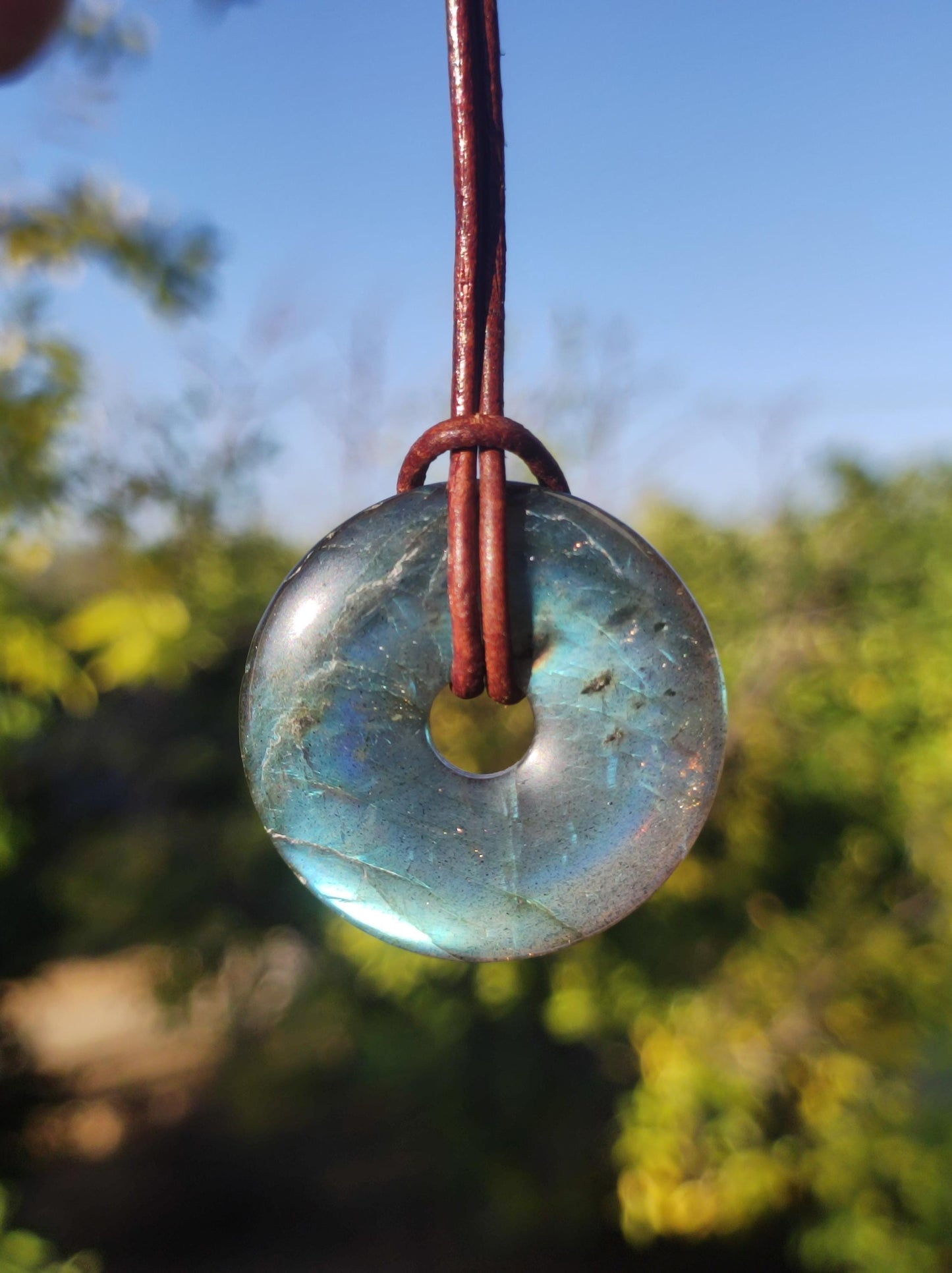 Labradorit - 30mm Donut Edelstein Kette blau Schimmer Natur Rarität Schutzsymbol Heilstein Kristall Anhänger Mann Frau Er Sie Kind Boho Psy