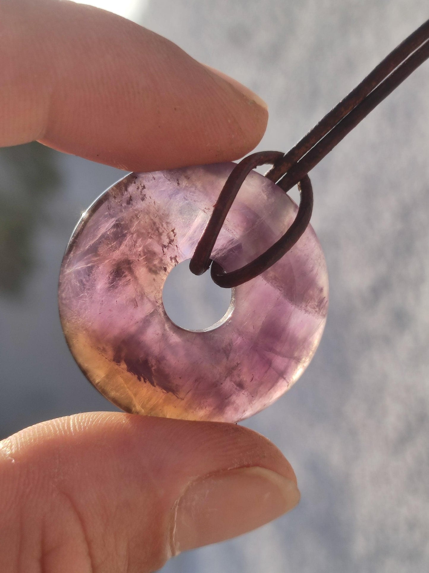 Ametrin (Amethyst & Citrin) ~ Edelstein Donut Kette Lila Heilstein Schutzsymbol Mann Frau Glück HIPPIE GOA Boho Ethno Natur Rarität Geschenk