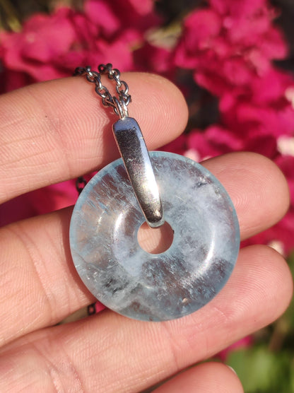 Aquamarin AAA ~ inkl. 925 Sterling Silber Donuthalter ~ Edelstein Kette ~HIPPIE ~GOA ~Boho ~Tibet ~Ethno Nature Donut Schutzsymbol Heilstein