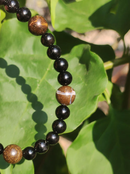 Boulder Opal + Turmalin schwarz (Schorl)- Edelstein Armband Stretch Perlen Geschenk Glück Mann Frau Kind Er Sie Freund Energie