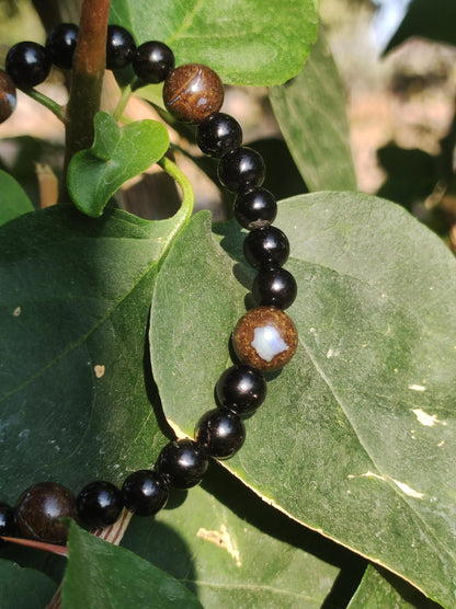 Boulder Opal + Turmalin schwarz (Schorl)- Edelstein Armband Stretch Perlen Geschenk Glück Mann Frau Kind Er Sie Freund Energie