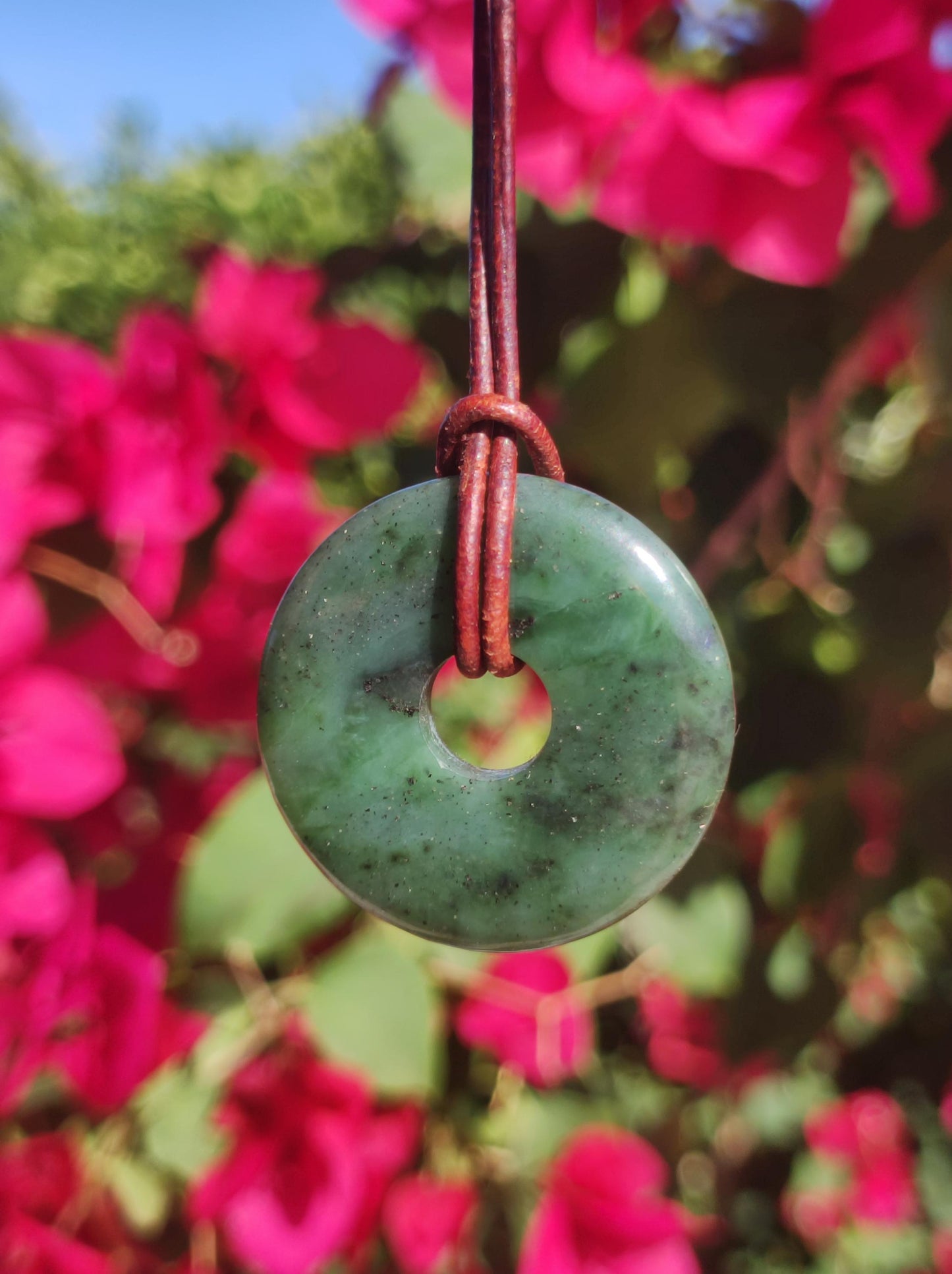 Nephrit Jade ~ Edelstein Kette Donut grün Natur Heilstein Schutzsymbol Mann Frau Er Sie Glück HIPPIE GOA Boho Tibet Ethno Rarität Geschenk