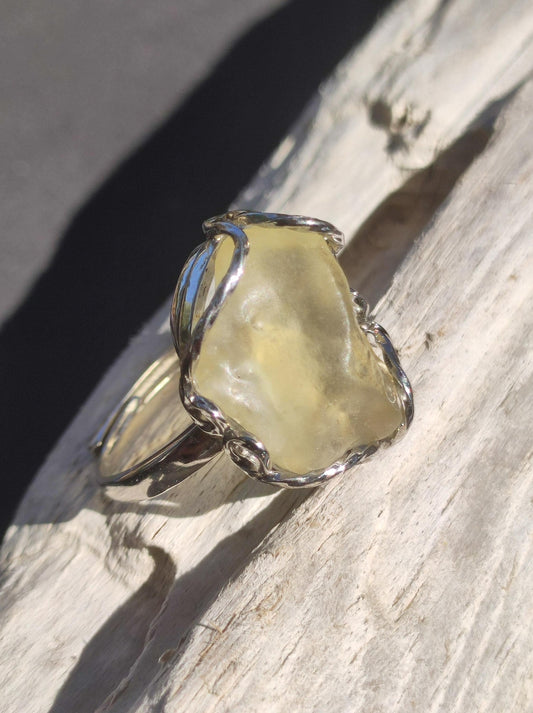 Libysches Wüstenglas Libyan Desert Glass Meteorit Ring 925 Silber verstellbare Größe Edelstein Heilstein Energie Kraft Rarität Geschenk Frau