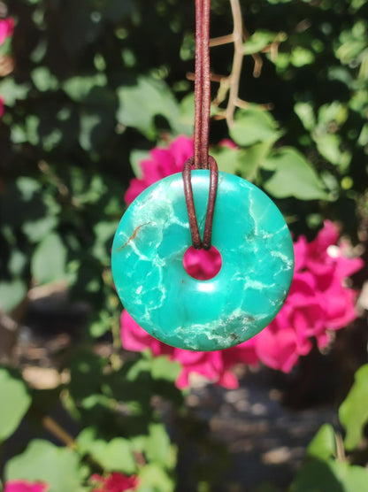 Chrysoprase Edelstein Donut Kette grün Natur GOA Boho Hippie Ethno Schutzsymbol Heilstein Sammler Unikat Mann Frau Er Sie Geschenk Anhänger