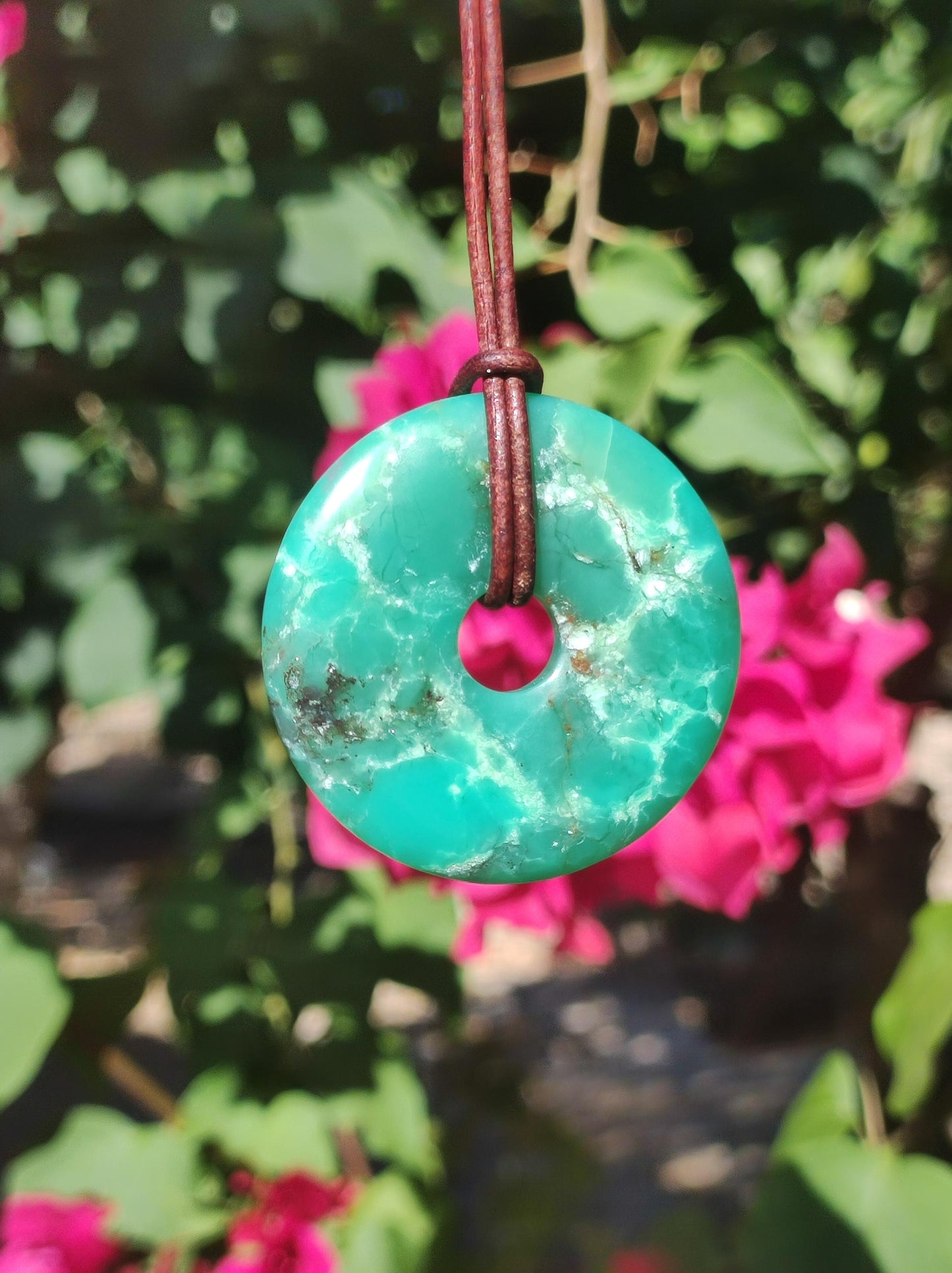 Chrysoprase Edelstein Donut Kette grün Natur GOA Boho Hippie Ethno Schutzsymbol Heilstein Sammler Unikat Mann Frau Er Sie Geschenk Anhänger