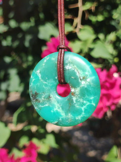 Chrysoprase Edelstein Donut Kette grün Natur GOA Boho Hippie Ethno Schutzsymbol Heilstein Sammler Unikat Mann Frau Er Sie Geschenk Anhänger