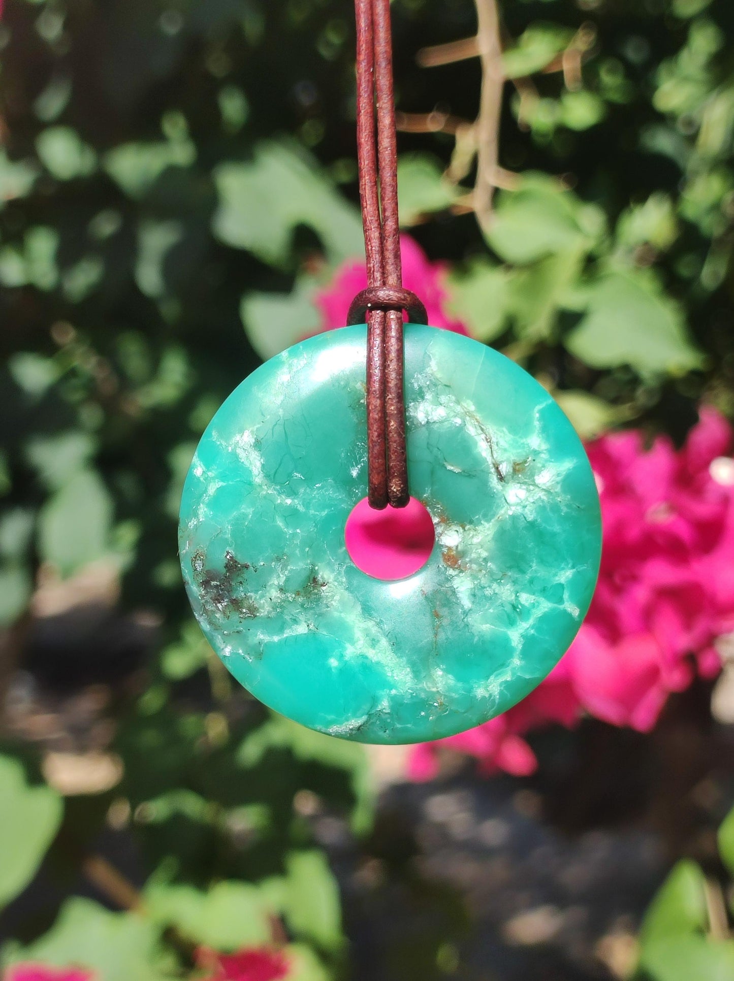 Chrysoprase Edelstein Donut Kette grün Natur GOA Boho Hippie Ethno Schutzsymbol Heilstein Sammler Unikat Mann Frau Er Sie Geschenk Anhänger