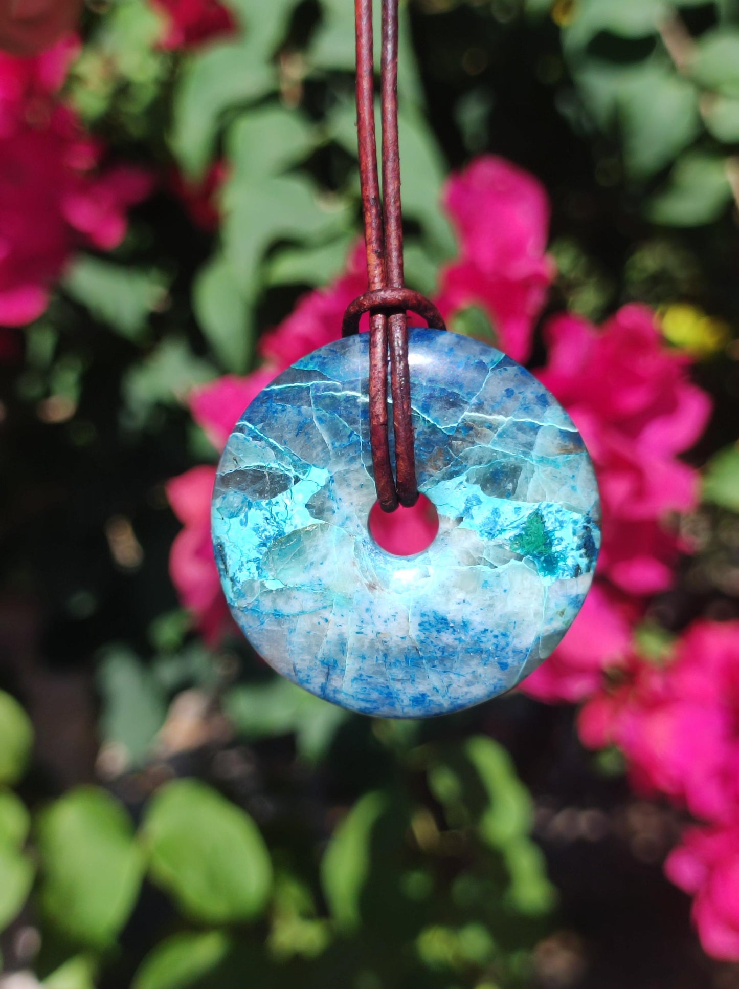 Shattuckite - Chrysocolla Donut Collier de pierres précieuses Pierre de guérison Symbole de protection Homme Femme Bonheur HIPPIE GOA Boho Tibet Ethnique Naturel Rareté Cadeau