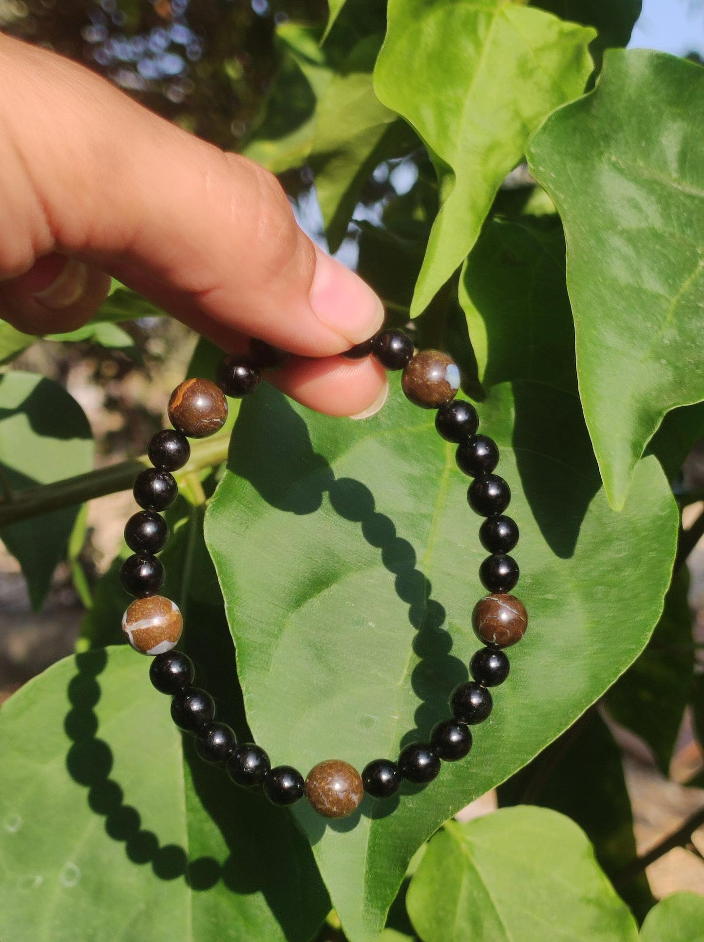 Boulder Opal + Turmalin schwarz (Schorl)- Edelstein Armband Stretch Perlen Geschenk Glück Mann Frau Kind Er Sie Freund Energie