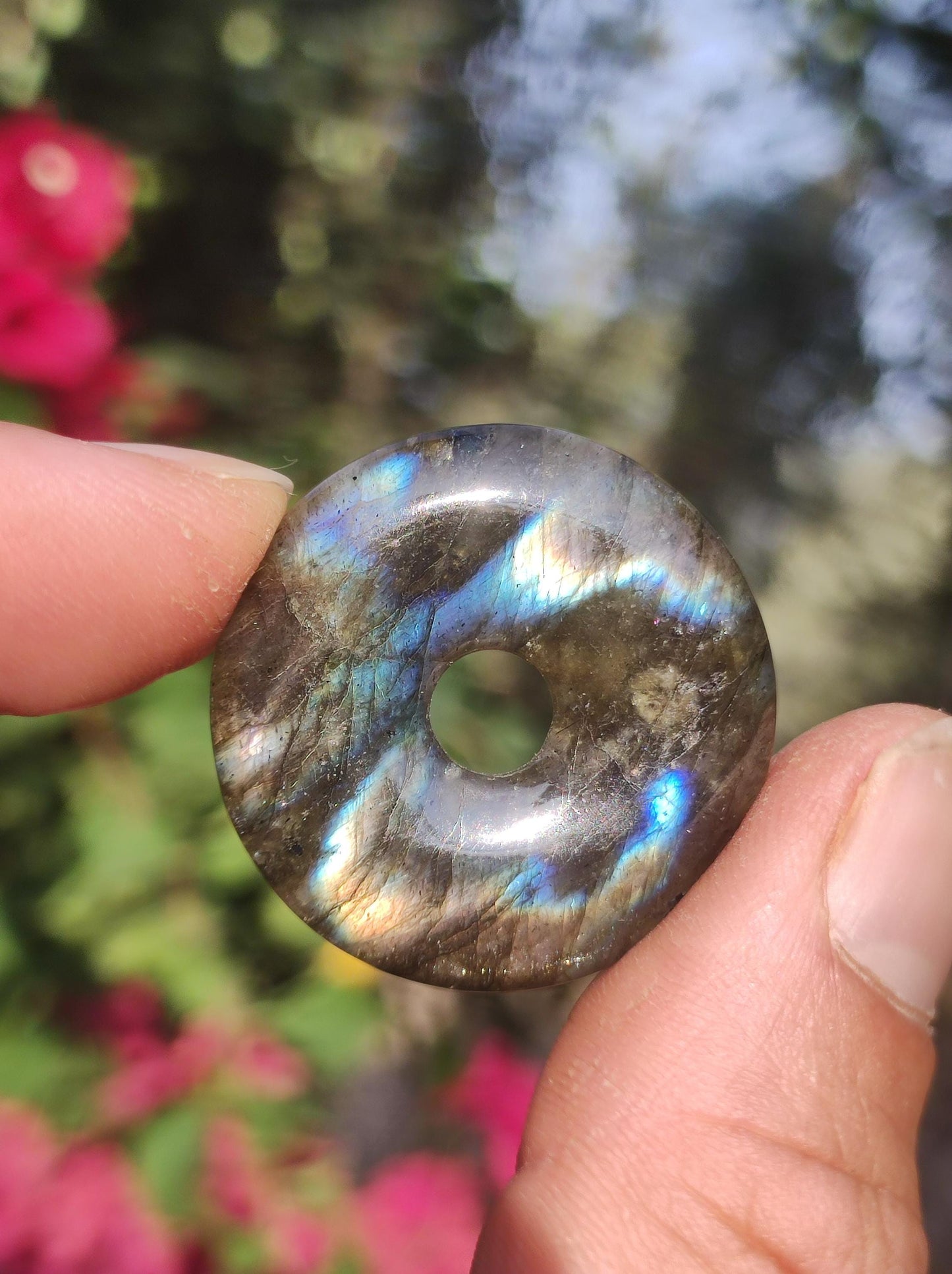 Labradorit ~ 30mm Donut ~ Edelstein Kette blau schimmernd Natur Rarität Schutzsymbol Heilstein Kristall HIPPIE GOA Boho Tibet Ethno