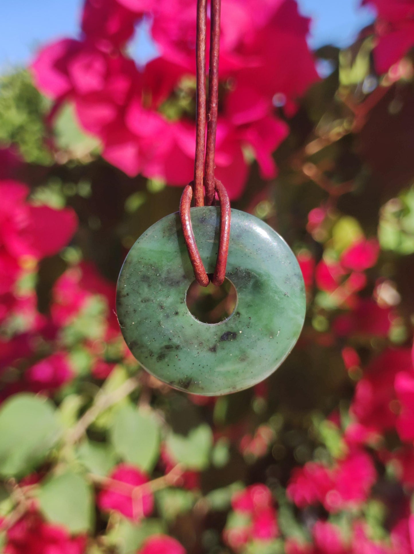 Nephrit Jade ~ Edelstein Kette Donut grün Natur Heilstein Schutzsymbol Mann Frau Er Sie Glück HIPPIE GOA Boho Tibet Ethno Rarität Geschenk