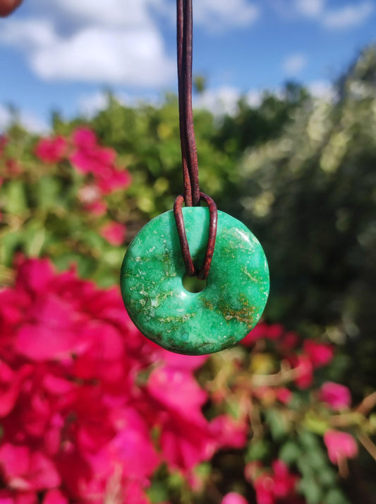 Variscite 30mm gemstone necklace donut pi disc round healing stone green natural rarity gift man woman him her friend brother lucky pendant