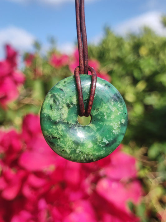 Variscite 30mm gemstone necklace donut pi disc round healing stone green natural rarity gift man woman him her friend brother lucky pendant