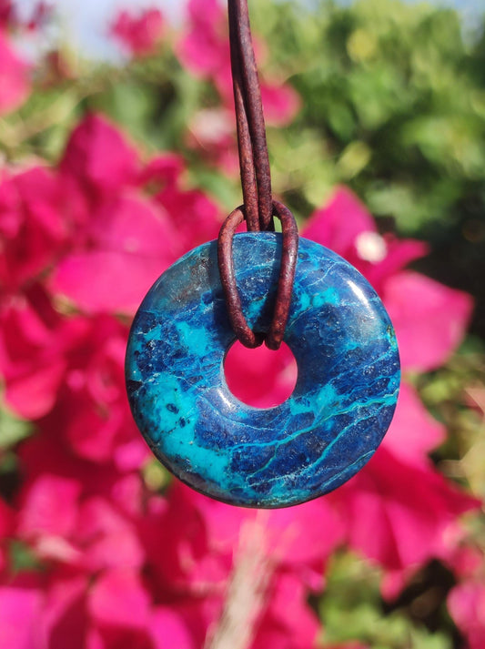 Shattuckite - Chrysocoll Donut 30mm Gemstone Necklace Healing Stone Protection Symbol Man Woman Happiness HIPPIE GOA Boho Tibet Ethnic Natural Rarity Gift