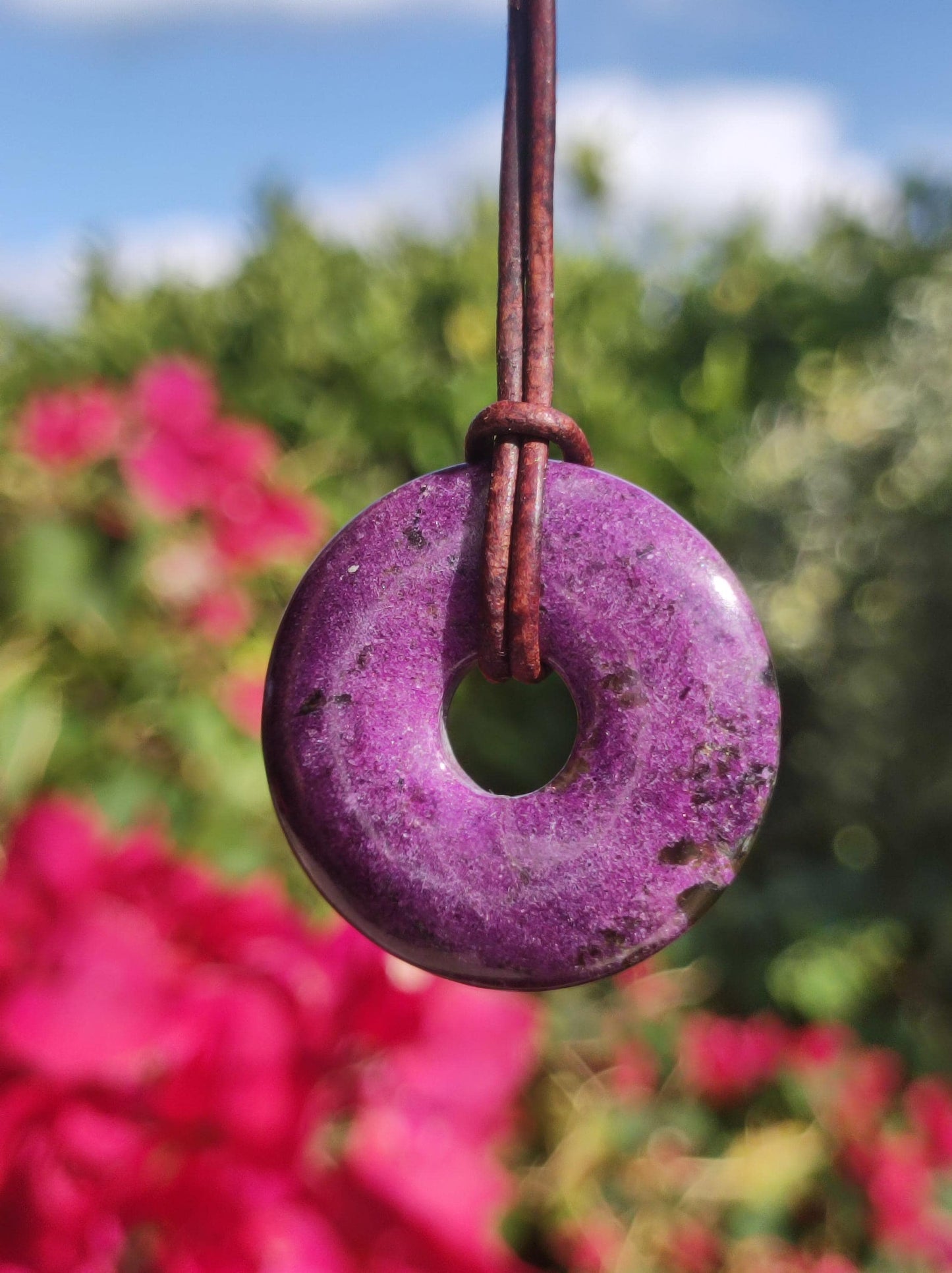 Stichtit ~ Gemstone Donut Necklace Pi Disc Protection Symbol Purple Violet HIPPIE Chakra Boho Ethnic Healing Stone Clothing Festival Purple Rarity